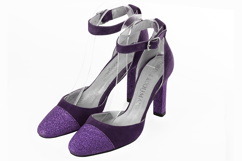 Amethyst purple women's open side shoes, with a strap around the ankle. Round toe. Very high kitten heels. Front view - Florence KOOIJMAN
